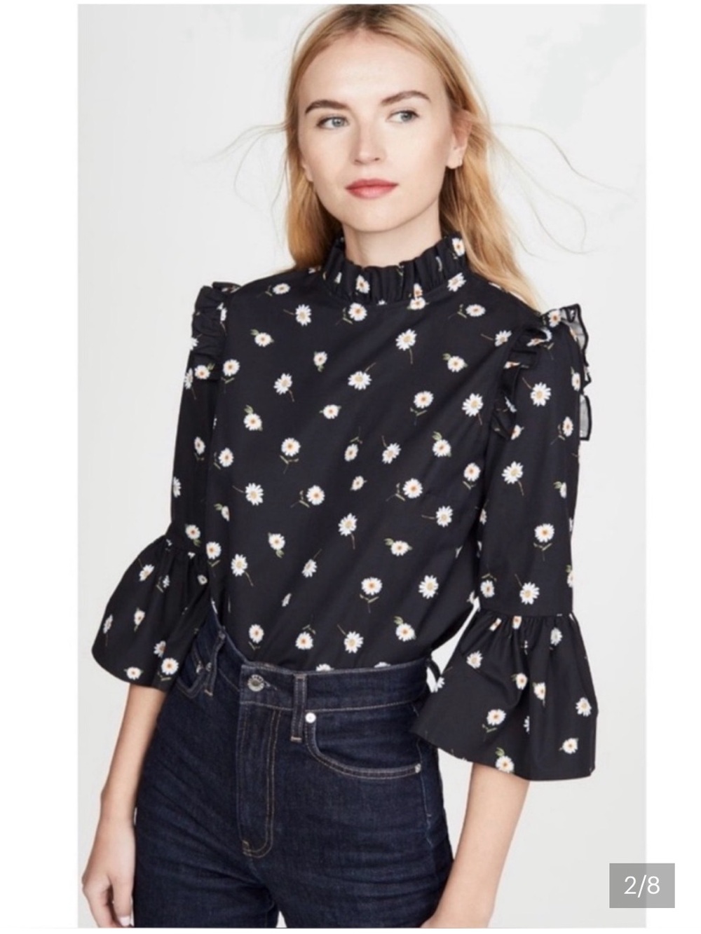 Alice + Olivia Black Daisy-Print Ruffle-Neck Blouse